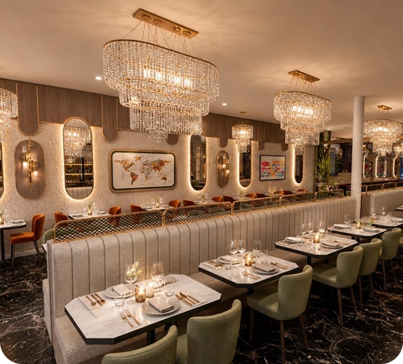 Beautifully Designed Dining Space Inside a South Indian Restaurant in Croydon