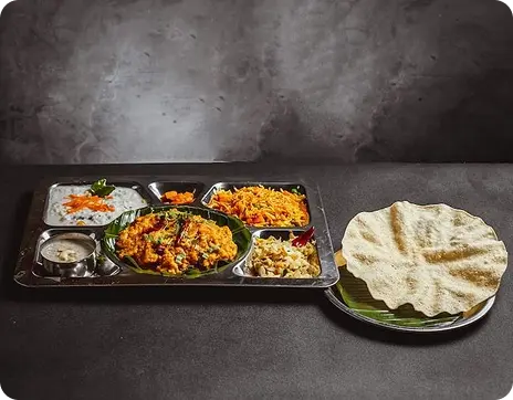 Indian Meal Platter with Curries, Rice, Vegetables, Flatbread and Papad