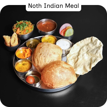 North Indian Meal Platter with Puris, Curries, Chutneys and Papad